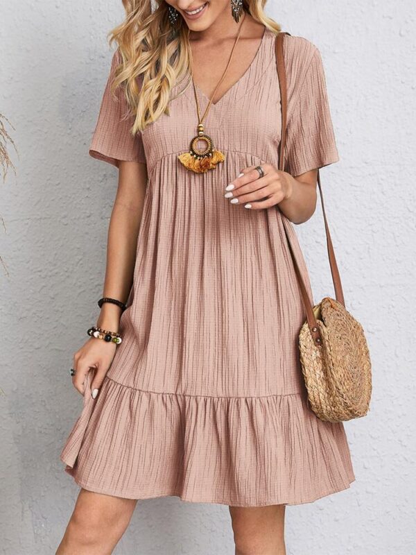 ⁦V-neck Short Sleeve Dress Summer Fashion Casual Loose Ruffled Dresses Beach Clothing Women⁩ - الصورة ⁦3⁩