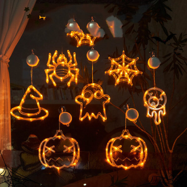 ⁦Halloween Window Hanging LED Lights Spider Pumpkin Hanging Ghost Horror Atmosphere Lights Holiday Party Decorative Lights Home Decor⁩ - الصورة ⁦4⁩