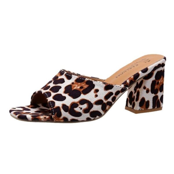 ⁦Leopard Square Toe Sandals Summer High-heeled Slippers Chunky Heel Shoes For Women⁩ - الصورة ⁦2⁩