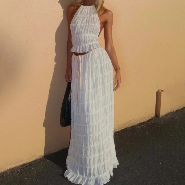⁦2pcs Women's Dress Suit Sexy Sleeveless Backless Cropped Halter Top And Pleated Long Skirt Beach Clothing⁩ - الصورة ⁦8⁩