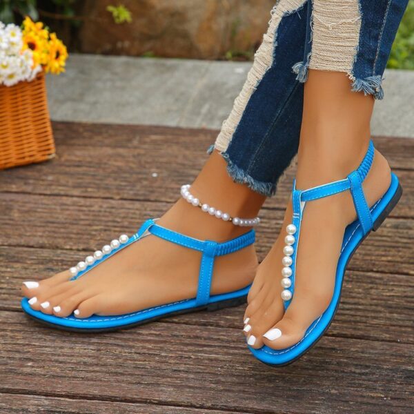 ⁦Pearl Thong Sandals Summer Fashion T-Strap Flat Sandals With Elastic Band Beach Shoes For Women⁩ - الصورة ⁦10⁩