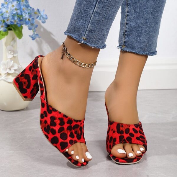 ⁦Leopard Square Toe Sandals Summer High-heeled Slippers Chunky Heel Shoes For Women⁩ - الصورة ⁦7⁩