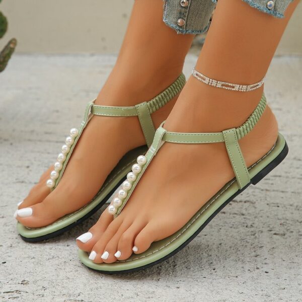 ⁦Pearl Thong Sandals Summer Fashion T-Strap Flat Sandals With Elastic Band Beach Shoes For Women⁩ - الصورة ⁦3⁩