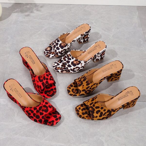 ⁦Leopard Square Toe Sandals Summer High-heeled Slippers Chunky Heel Shoes For Women⁩ - الصورة ⁦9⁩