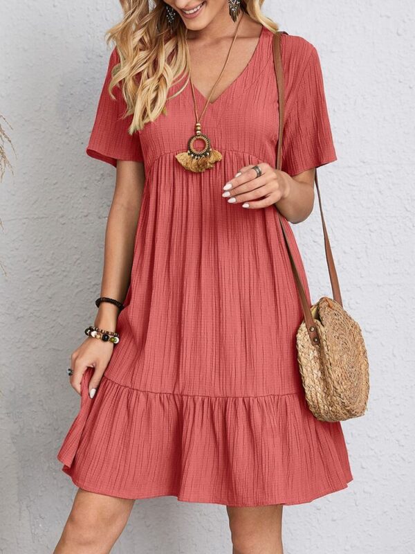 ⁦V-neck Short Sleeve Dress Summer Fashion Casual Loose Ruffled Dresses Beach Clothing Women⁩ - الصورة ⁦7⁩