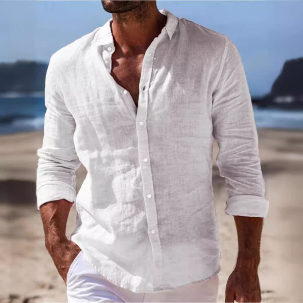 ⁦Men's Casual Cotton And Linen Solid Color Shirt⁩ - الصورة ⁦3⁩