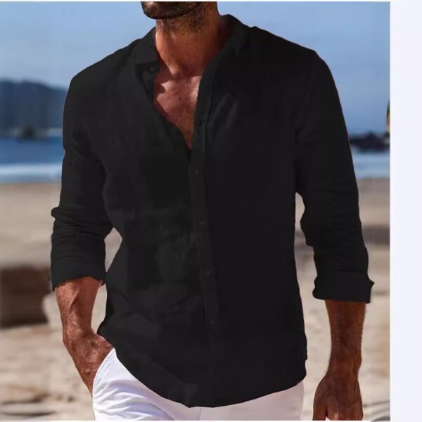 ⁦Men's Casual Cotton And Linen Solid Color Shirt⁩ - الصورة ⁦4⁩