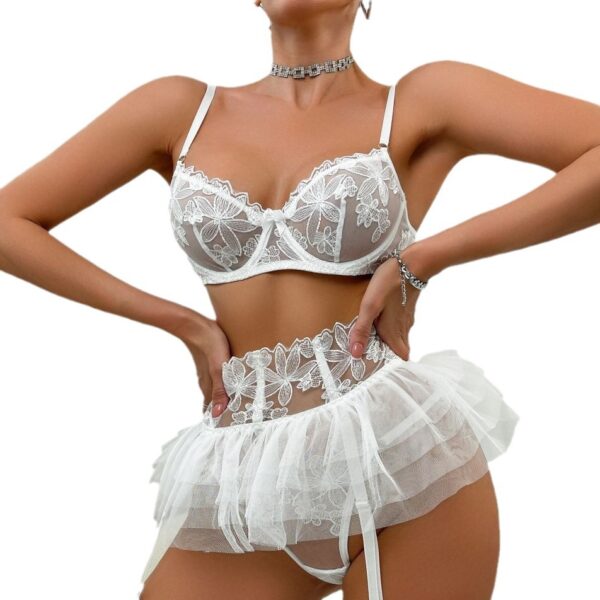 ⁦Sexy Women's Lace Mesh Floral Print Miniskirt Underwear Suit⁩ - الصورة ⁦2⁩