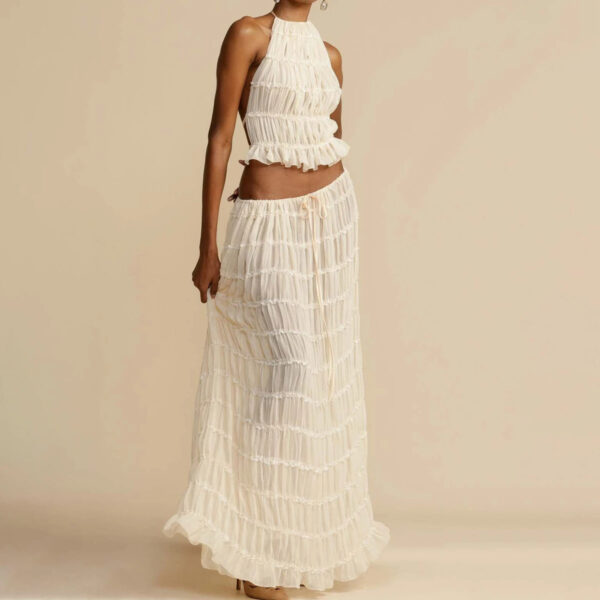 ⁦2pcs Women's Dress Suit Sexy Sleeveless Backless Cropped Halter Top And Pleated Long Skirt Beach Clothing⁩ - الصورة ⁦6⁩