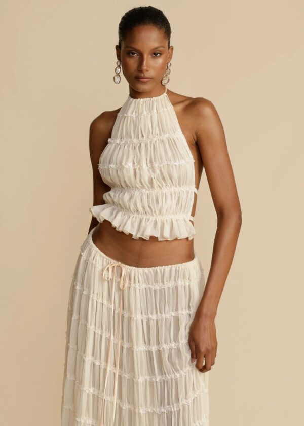 ⁦2pcs Women's Dress Suit Sexy Sleeveless Backless Cropped Halter Top And Pleated Long Skirt Beach Clothing⁩ - الصورة ⁦5⁩