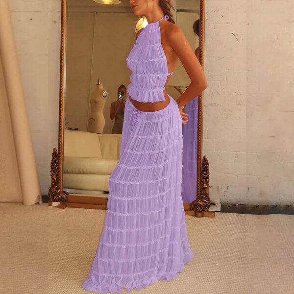 ⁦2pcs Women's Dress Suit Sexy Sleeveless Backless Cropped Halter Top And Pleated Long Skirt Beach Clothing⁩ - الصورة ⁦4⁩
