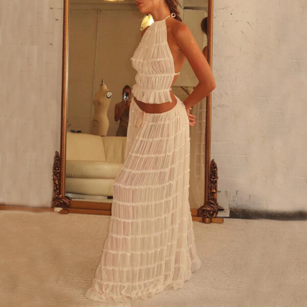 ⁦2pcs Women's Dress Suit Sexy Sleeveless Backless Cropped Halter Top And Pleated Long Skirt Beach Clothing⁩ - الصورة ⁦3⁩