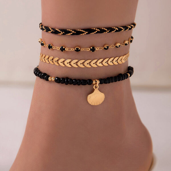 ⁦4pcs Set Bohemian Woven Rope Foot Chain For Men And Women Geometric Alloy Black Beads Dropping Oil Anklet Set Summer Fashion Jewelry⁩ - الصورة ⁦5⁩