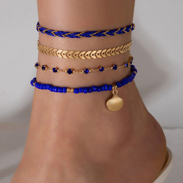 ⁦4pcs Set Bohemian Woven Rope Foot Chain For Men And Women Geometric Alloy Black Beads Dropping Oil Anklet Set Summer Fashion Jewelry⁩ - الصورة ⁦2⁩