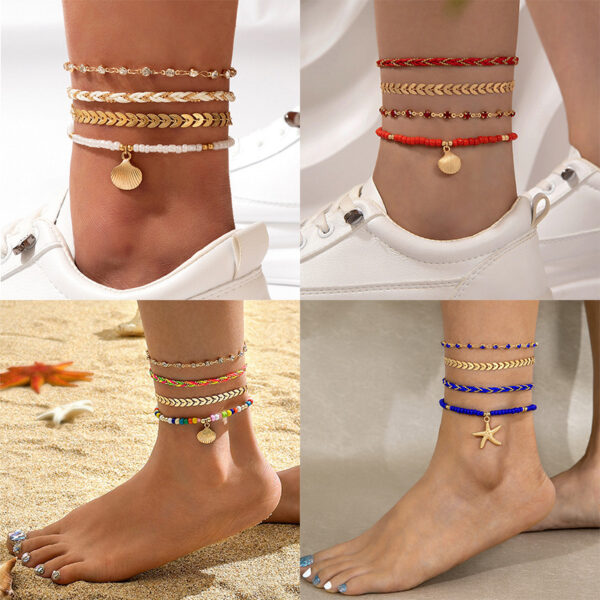 ⁦4pcs Set Bohemian Woven Rope Foot Chain For Men And Women Geometric Alloy Black Beads Dropping Oil Anklet Set Summer Fashion Jewelry⁩ - الصورة ⁦4⁩